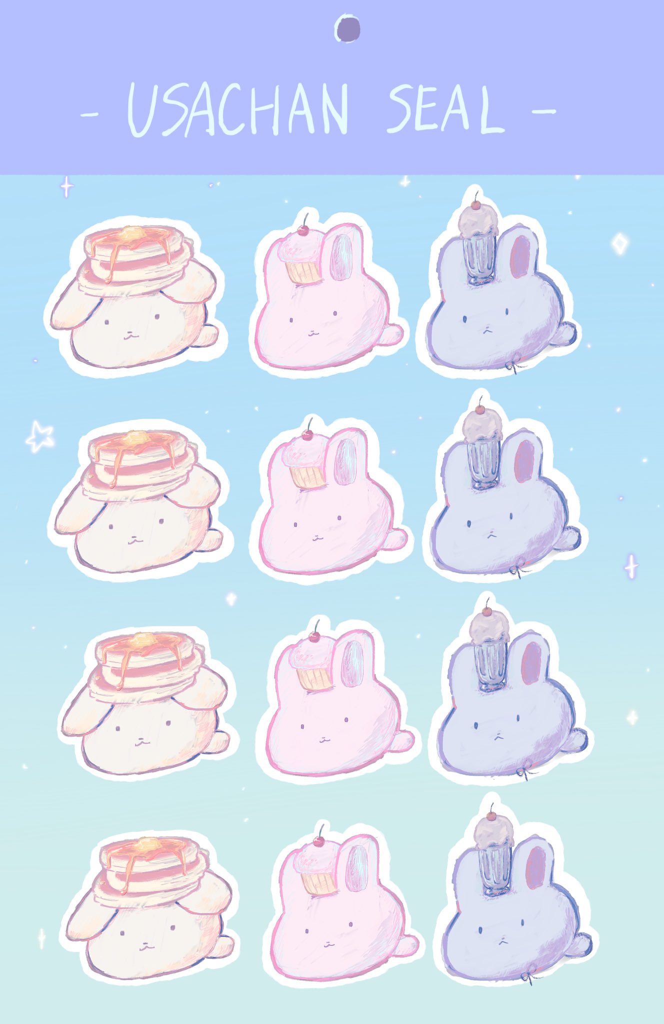 :3, amecandle_143, animal_focus, butter, cherry, closed_mouth, commentary, cupcake, cupcake_bunny_(omori), food, fruit, highres, milkshake, milkshake_bunny_(omori), no_humans, omori, pancake, pancake_bunny_(omori), pancake_stack, romaji_text, translation_request, untranslatable_commentary, white_rabbit_(animal)