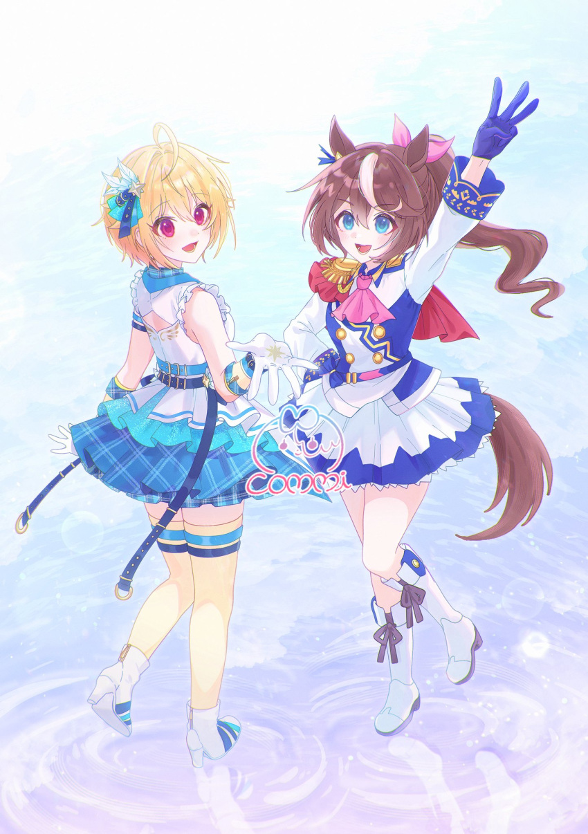 2girls, ahoge, animal_ears, arm_up, ascot, belt, blonde_hair, blue_belt
