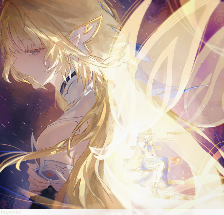 1girl, back, bare_shoulders, blonde_hair, blue_eyes, closed_mouth, colored_eyelashes, commentary
