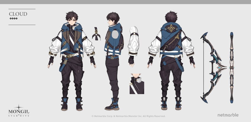 1boy, absurdres, black_boots, black_gloves, black_pants, black_shirt, blue_jacket, boots, bow_(weapon), brown_eyes, brown_hair, character_name, closed_mouth, cloud_(mongil:_star_dive), copyright_name, copyright_notice, fingerless_gloves, full_body, gloves, grey_background, highres, jacket, logo, long_sleeves, male_focus, mongil:_star_dive, multiple_views, official_art, pants, puffy_long_sleeves, puffy_sleeves, reference_sheet, shirt, short_hair, smile, standing, turnaround, weapon, white_sleeves