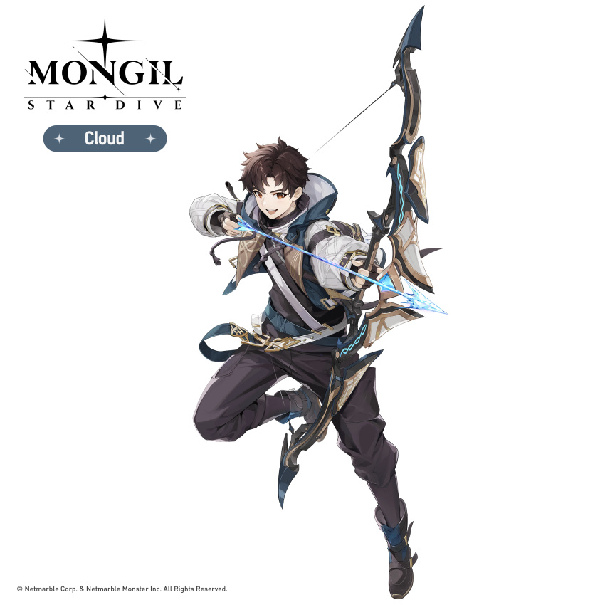 1boy, :d, absurdres, archery, arrow_(projectile), black_boots, black_gloves, black_pants, black_shirt, blue_jacket, boots, bow_(weapon), brown_eyes, brown_hair, character_name, cloud_(mongil:_star_dive), copyright_name, copyright_notice, drawing_bow, fingerless_gloves, full_body, gloves, highres, holding, holding_arrow, holding_bow_(weapon), holding_weapon, jacket, leg_up, logo, long_sleeves, looking_at_viewer, male_focus, mongil:_star_dive, official_art, open_mouth, pants, puffy_long_sleeves, puffy_sleeves, shirt, short_hair, smile, teeth, transparent_background, upper_teeth_only, weapon, white_sleeves