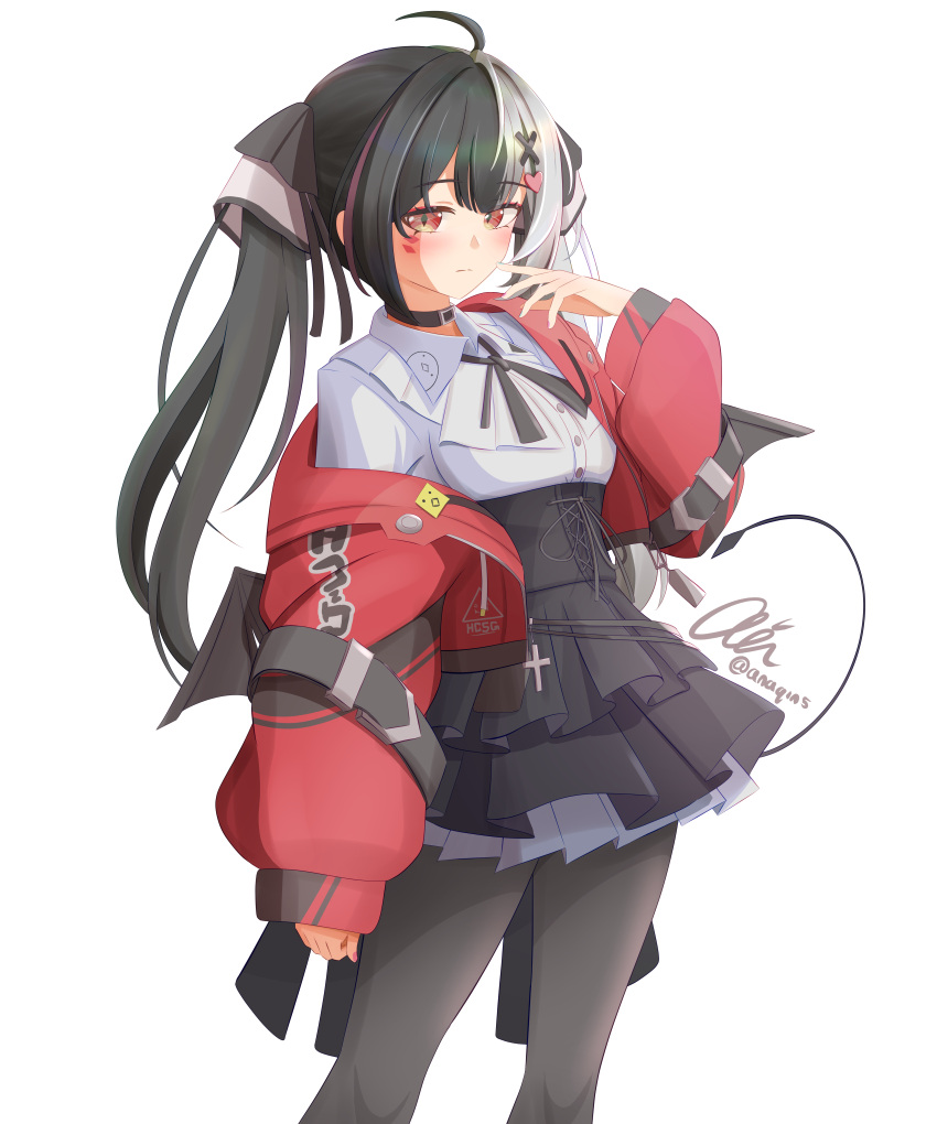 1girl, absurdres, anaqintama, black_hair, black_pantyhose, black_skirt, closed_mouth, commentary, cropped_jacket, demon_girl, demon_tail, demon_wings, highres, jacket, lacrimosa_(nte), looking_at_viewer, multicolored_hair, neverness_to_everness, pantyhose, red_eyes, red_jacket, skirt, solo, split-color_hair, tail, twintails, white_hair, wings
