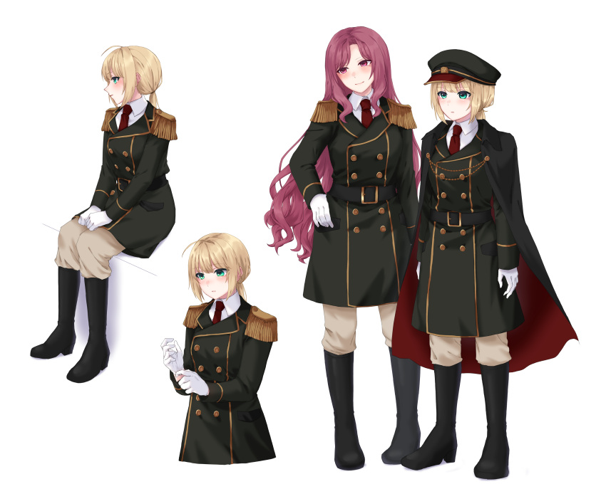 2girls, absurdres, armored_core, armored_core_v, black_boots, black_cape, blush, boots