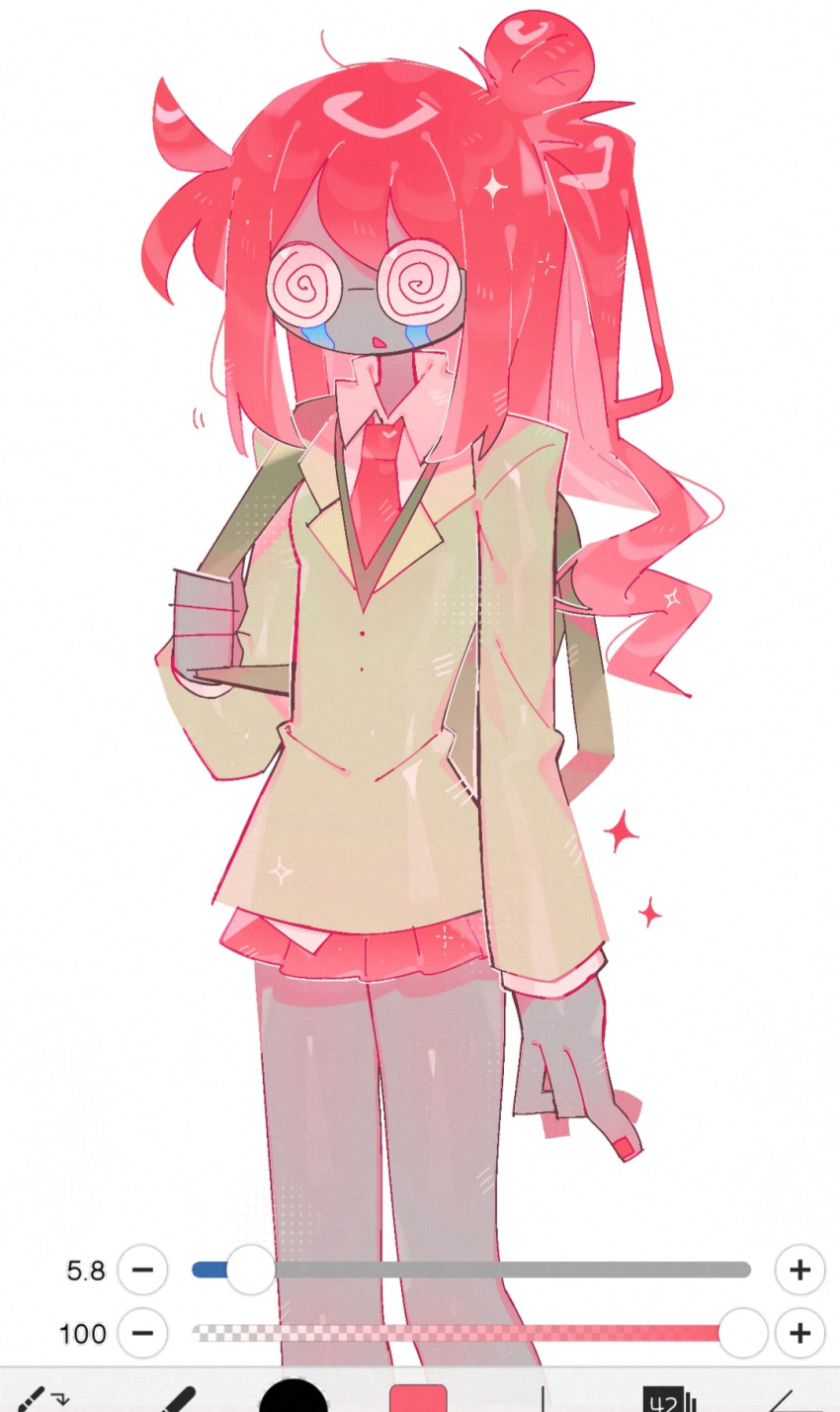 1018sus, 1girl, @_@, ahoge, alternate_hair_color, alternate_hair_length_(longer), arm_at_side, art_program_in_frame, bacon_(female)_(roblox), bacon_(roblox), bag, bare_legs, bespectacled, breasts, chestnut_mouth, coke-bottle_glasses, collared_shirt, colored_skin, commentary, cowlick, crying, double-parted_bangs, english_commentary, facing_ahead, feet_out_of_frame, fewer_digits, from_side, glasses, green_bag, grey_skin, hair_between_eyes, hair_bun, halftone, hand_up, highres, holding_strap, ibispaint, jacket, lapels, layered_sleeves, long_sleeves, looking_at_viewer, low_ponytail, miniskirt, nail_polish, necktie, no_eyebrows, no_nose, parted_lips, pleated_skirt, ponytail, red_hair, red_nails, red_necktie, red_skirt, roblox, round_eyewear, school_uniform, shirt, sidelocks, simple_background, single_hair_bun, skirt, small_breasts, solo, sparkle, standing, streaming_tears, tears, v-neck, white_background, white_shirt, yellow_jacket