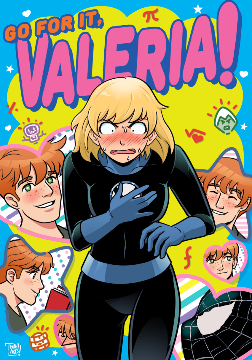 1boy, 1girl, belt, black_bodysuit, blonde_hair, blue_belt, blue_gloves, bodysuit, book, closed_eyes, commentary, cover, english_commentary, english_text, fake_cover, fantastic_four, freckles, ganbare!_nakamura-kun!!, ganbare!_nakamura-kun!!_cover_parody, gloves, green_eyes, grin, hand_on_own_chest, highres, long_hair, marvel, open_mouth, orange_hair, profile, richard_parker_(ultimate_spider_man_2024), signature, smile, spider-man_(series), superhero_costume, sweat, teeth, tenshiartsgt, third-party_source, valeria_richards