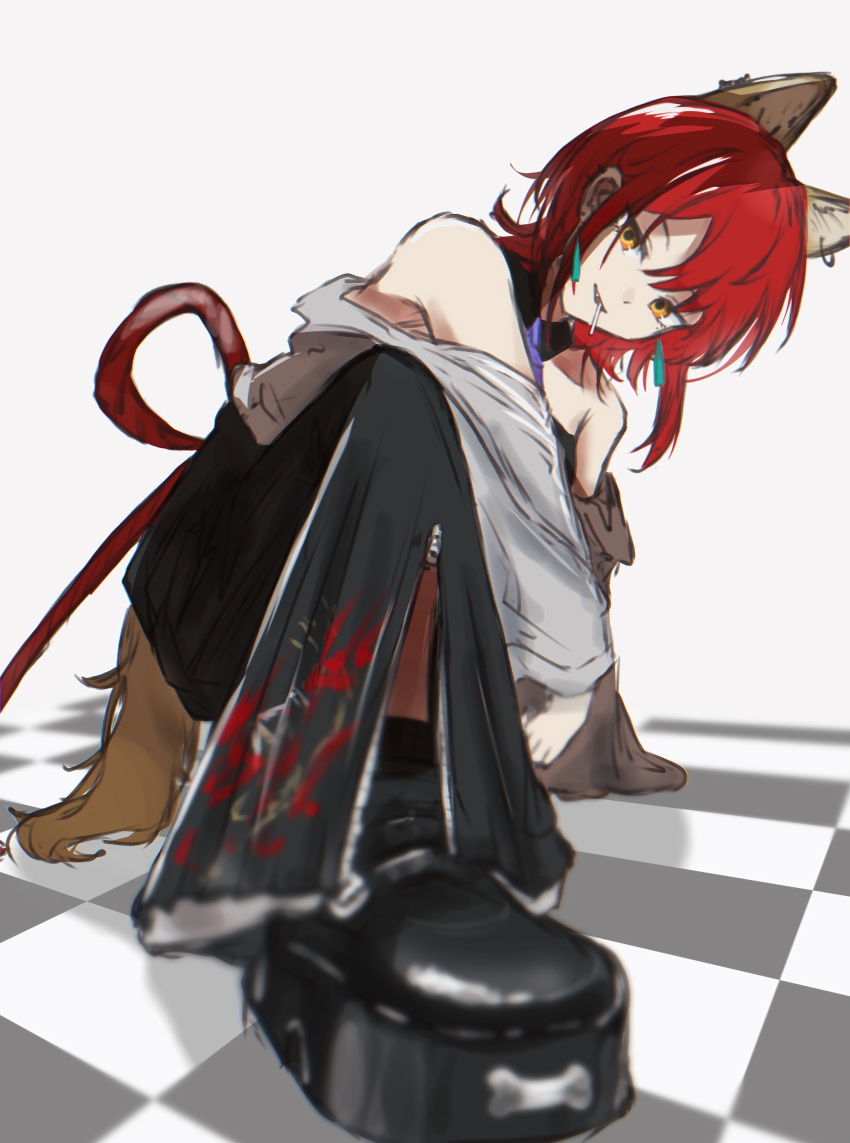 1girl, absurdres, animal_ears, arknights, baggy_pants, bare_shoulders, black_boots, black_collar, black_pants, bone_print, boots, candy, checkered_floor, chikuwaneko, collar, detached_collar, dog_ears, dog_girl, dog_tail, ear_piercing, earrings, extra_ears, fang, food, food_in_mouth, hair_between_eyes, highres, jacket, jewelry, kichisei_(arknights), lollipop, lollipop_in_mouth, necktie, open_mouth, pants, piercing, purple_necktie, red_hair, rope, shimenawa, smile, solo, tail, tassel, tassel_earrings, unzipped, white_background, white_jacket, yellow_eyes