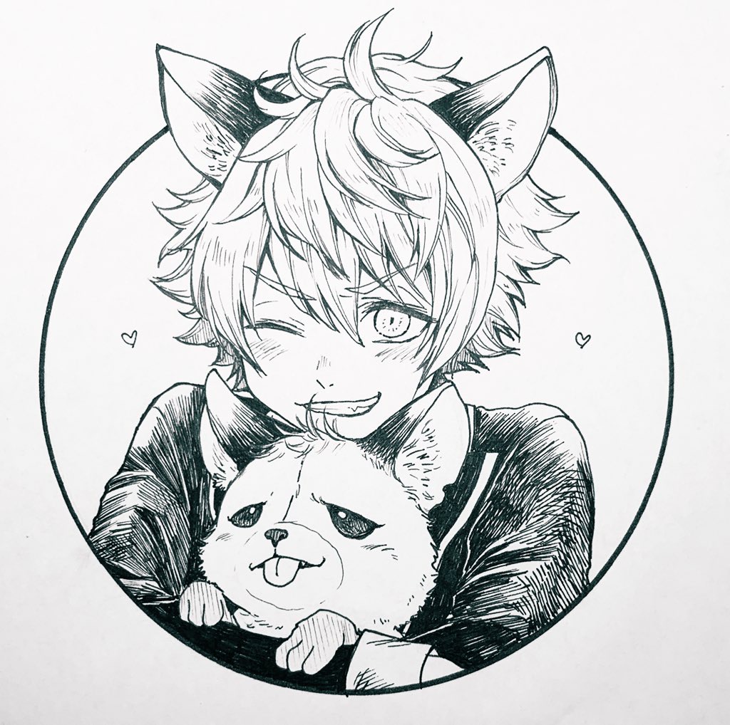 1boy, animal, greyscale, grin, holding, holding_animal, hyena, hyena_boy