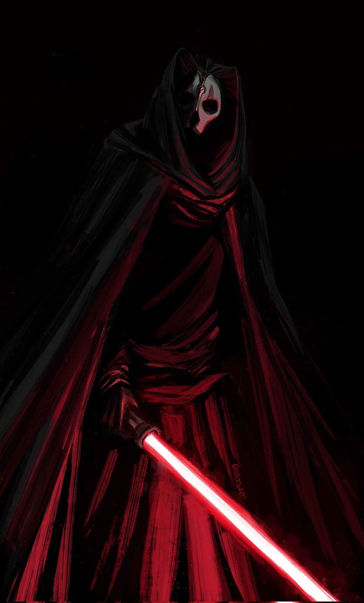 1boy, artist_name, black_background, black_cape, black_gloves, black_robe, cape, corrupted_twitter_file, darth_nihilus, energy_sword, english_commentary, feet_out_of_frame, gloves, highres, hirotoart, holding, holding_weapon, hollow_eyes, hooded_robe, lightsaber, looking_at_viewer, mask, red_lightsaber, robe, sith, solo, spot_color, star_wars, star_wars:_knights_of_the_old_republic, sword, twitter_username, weapon