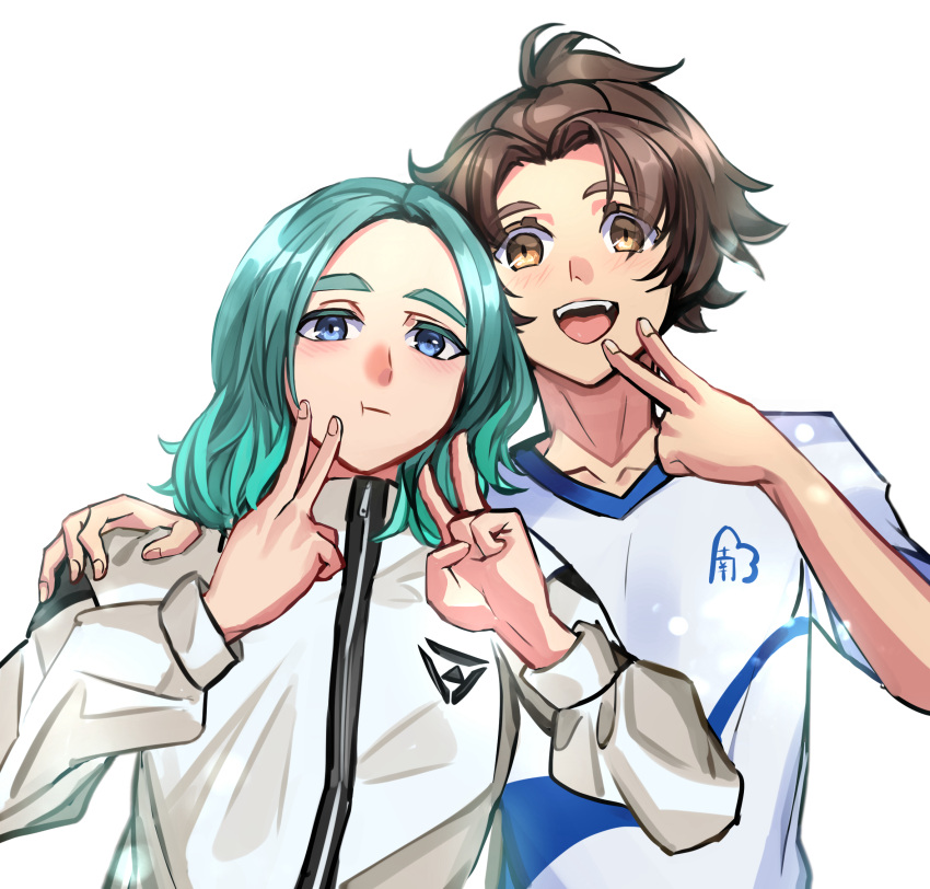 2boys, aqua_hair, blue_eyes, brown_eyes, brown_hair, double_v, highres, inazuma_eleven_(series)