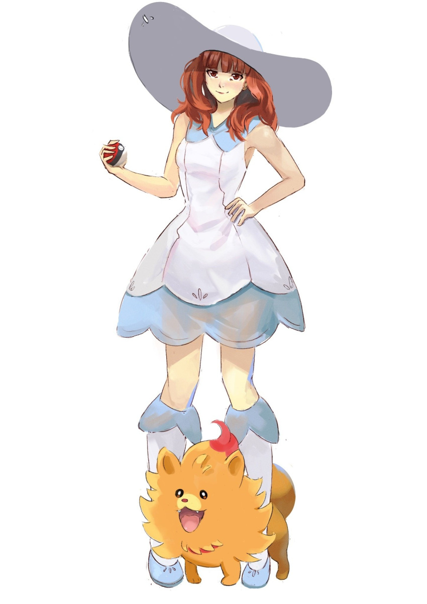 1girl, alternate_costume, armpits, bare_arms, blunt_bangs, breasts, celica_(fire_emblem), commission, cosplay, dress, earrings, fire_emblem, fire_emblem_echoes:_shadows_of_valentia, full_body, hat, highres, holding, holding_poke_ball, jewelry, lillie_(pokemon), lillie_(pokemon)_(cosplay), looking_at_viewer, medium_hair, orange_eyes, orange_hair, poke_ball, pokemon, pokemon_(creature), pokemon_sun_and_moon, pokemon_winds_and_waves, pokemon_ww, pombon, red_eyes, red_hair, rod_langhi, sleeveless, sleeveless_dress, small_breasts, smile, solo, sun_hat, white_background, white_dress, white_hat