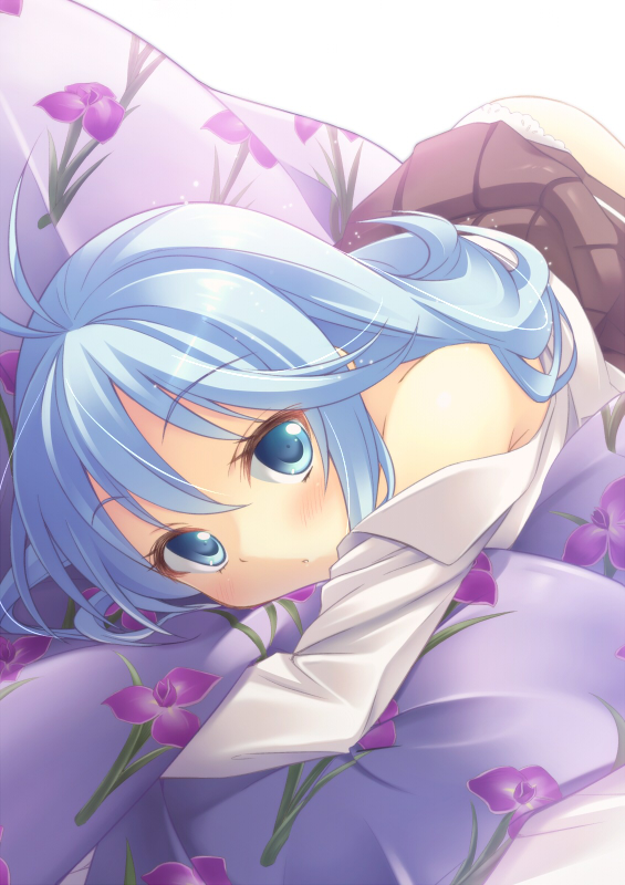 :o, antenna_hair, bare_shoulders, blue_eyes, blue_hair, blush, denpa_onna_to_seishun_otoko, floral_print