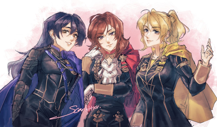 3girls, alternate_costume, arm_under_breasts, ayase_eli, belt, black_hair, blonde_hair, blue_belt