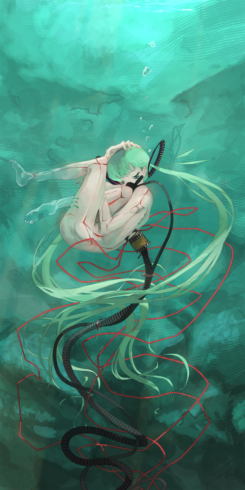 android, aqua_eyes, aqua_hair, cable, code-aa, fetal_position, hatsune_miku, highres
