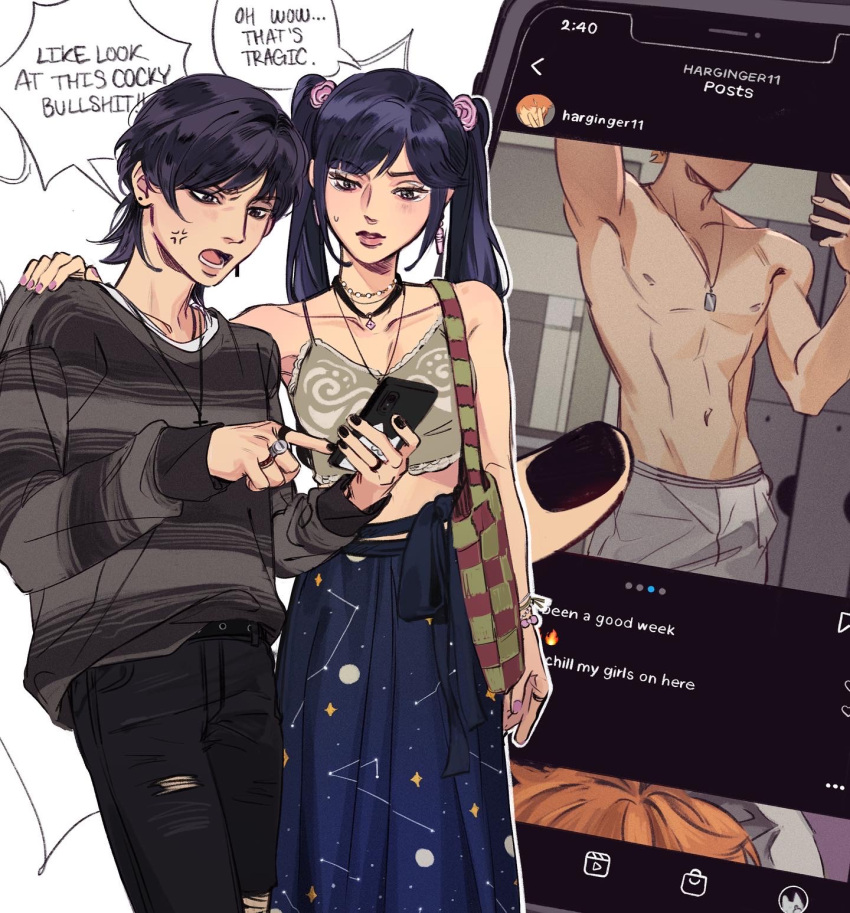 1boy, 1girl, alternate_costume, anger_vein, bag, black_hair, blush, cellphone