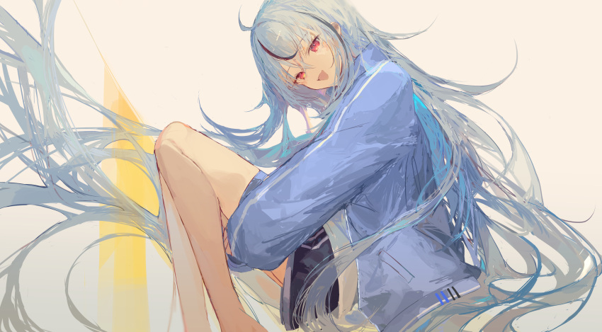 1girl, absurdres, ahoge, black_streaks, blue_jacket, commission, floating_hair, highres
