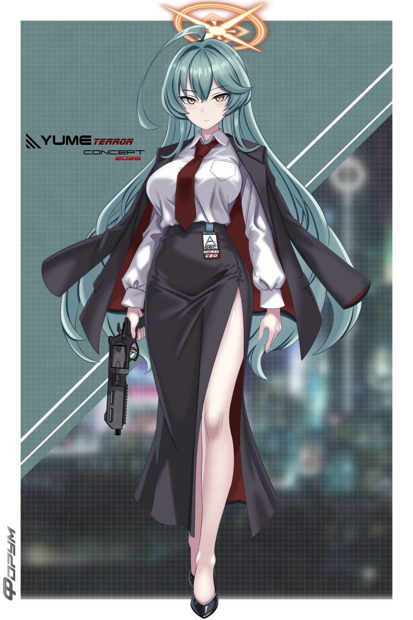 1girl, absurdres, abydos_high_school_logo, ahoge, artist_name, badge, black_jacket, black_shoes