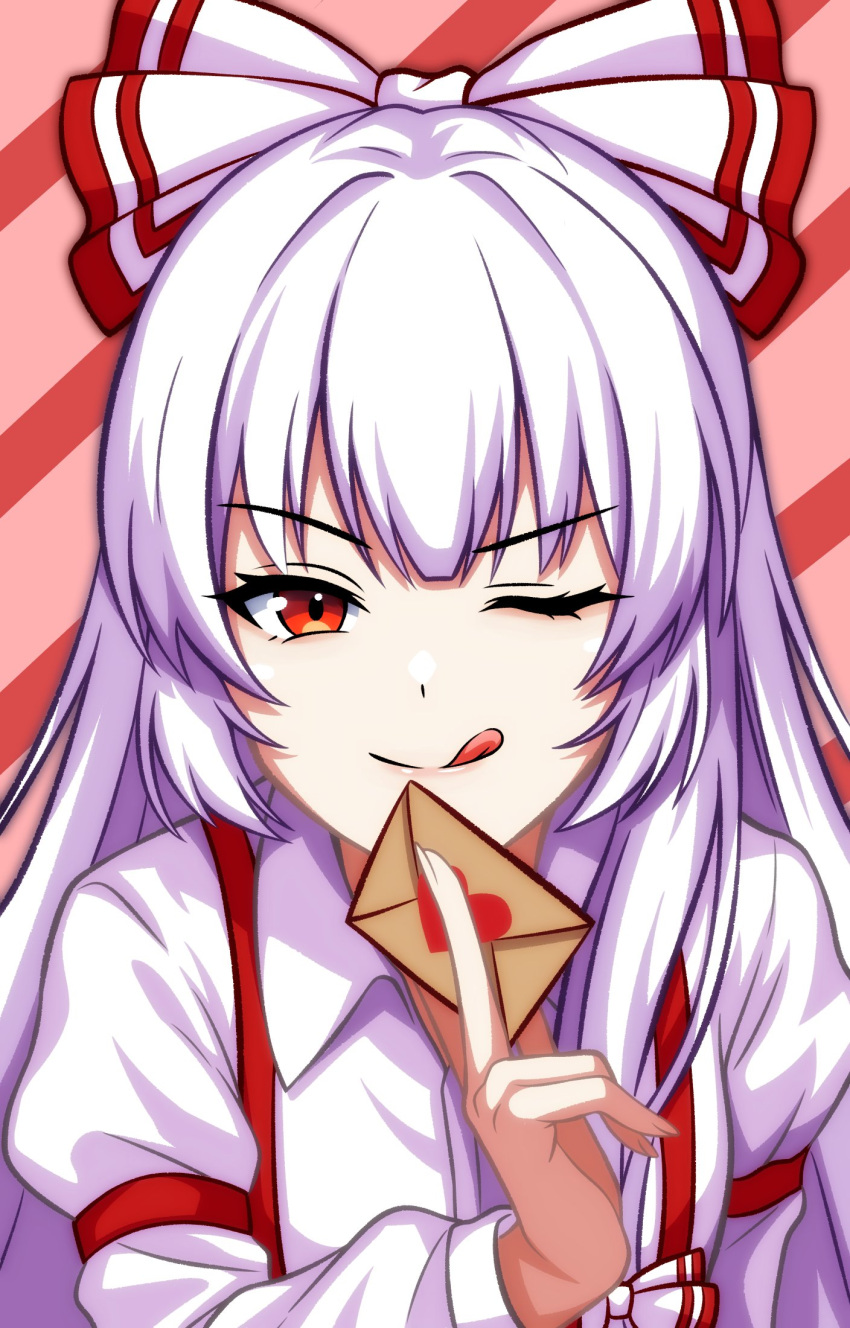 1girl, :q, bow, collared_shirt, commentary, diagonal-striped_background, fujiwara_no_mokou, grey_hair