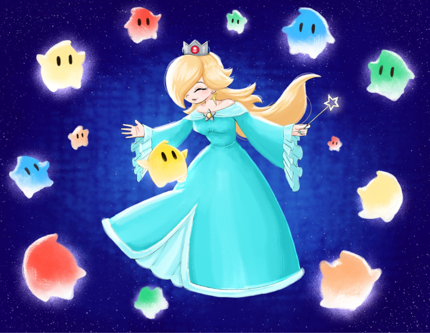 1girl, baby_luma, blonde_hair, blue_dress, blue_luma, blue_nails, breasts, brooch