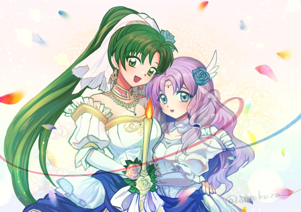 2girls, :d, alternate_costume, arm_around_another's_waist, blue_eyes, blue_flower, blue_rose, breasts, bride, commentary_request, cosplay, dress, earrings, elbow_gloves, falling_petals, fire_emblem, fire_emblem:_the_blazing_blade, fire_emblem_heroes, florina_(fire_emblem), flower, gloves, green_eyes, green_hair, hair_flower, hair_ornament, jewelry, large_breasts, long_hair, lyn_(bride_of_the_plains)_(fire_emblem), lyn_(fire_emblem), lyn_(fire_emblem)_(cosplay), multiple_girls, official_alternate_costume, open_mouth, petals, ponytail, purple_hair, rose, small_breasts, smile, sorakaza, twitter_username, upper_body, very_long_hair, white_dress, white_gloves, wife_and_wife, yuri