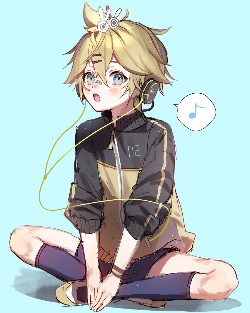 1boy, absurdres, bandaid, bandaid_on_face, bandaid_on_nose, black_jacket, black_shorts, blonde_hair, blue_background, blush, commentary_request, fang, headphones, highres, jacket, kagamine_len, len_02, male_focus, multicolored_jacket, musical_note, shoes, shorts, simple_background, sitting, solo, spoken_musical_note, stylish_energy_(module), vocaloid, yellow_jacket, yellow_shoes