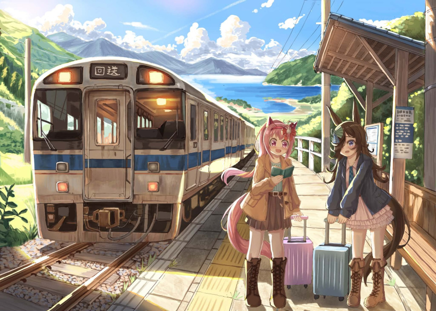 2girls, blue_sky, book, boots, brown_boots, clouds, commentary_request, day