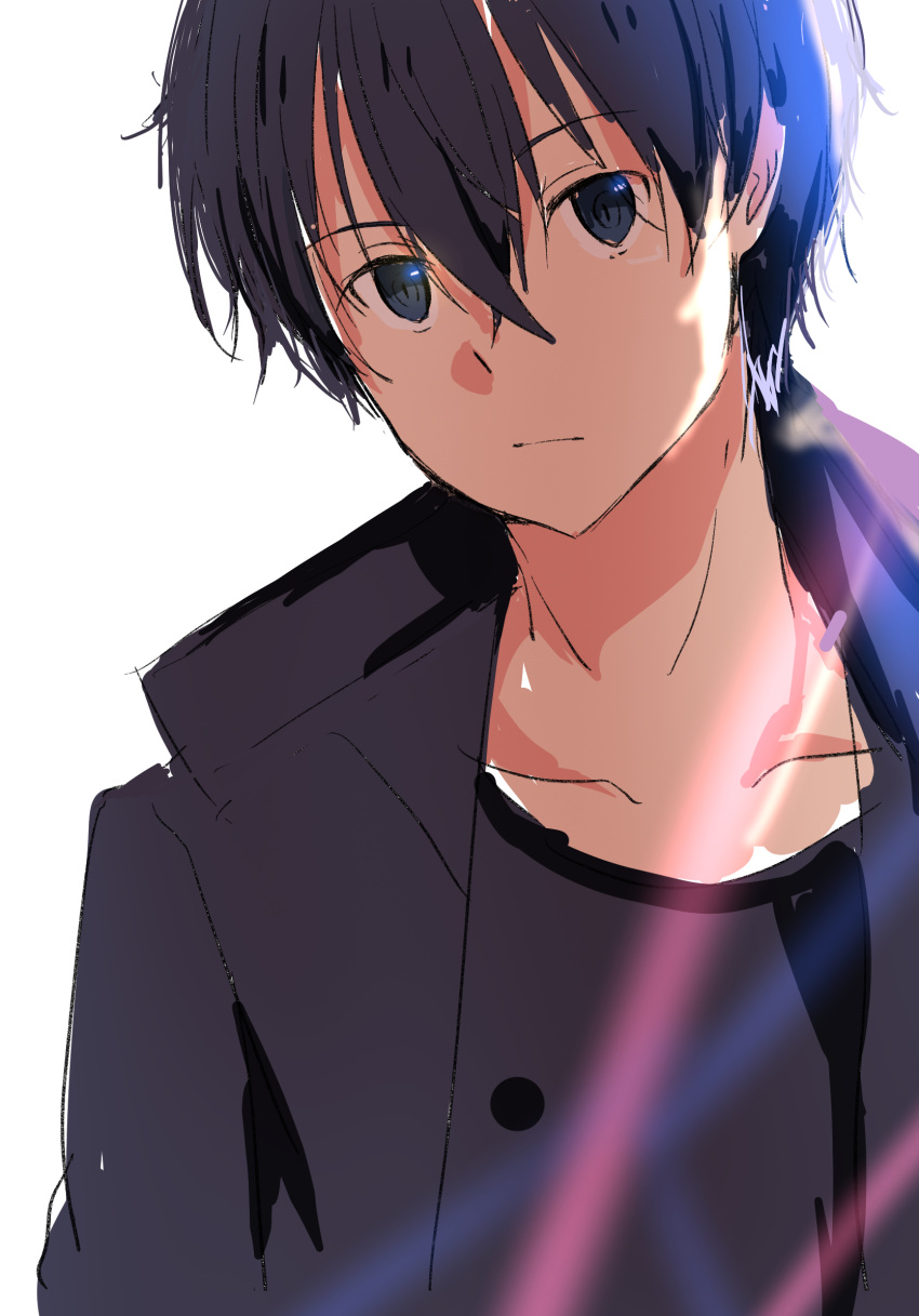 1boy, black_hair, black_jacket, black_shirt, collarbone, commentary_request, floor_light, grey_eyes