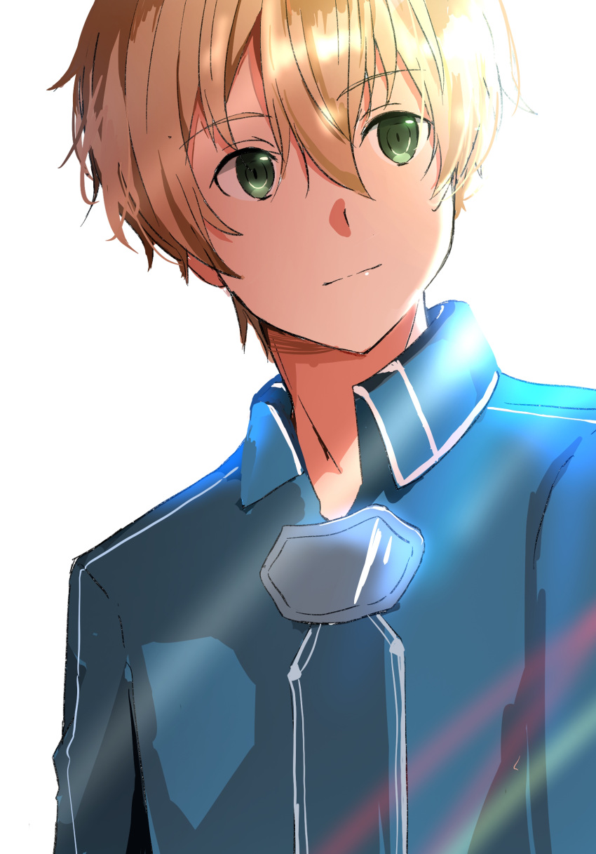 1boy, blonde_hair, blue_jacket, closed_mouth, commentary_request, eugeo, green_eyes, hair_between_eyes, highres, jacket, light_rays, light_smile, male_focus, medium_hair, messy_hair, school_uniform, simple_background, sketch, solo, split_mouth, sugar_(eugeo), sword_art_online, sword_art_online:_alicization, sword_mastery_academy_school_uniform, upper_body, white_background, white_trim