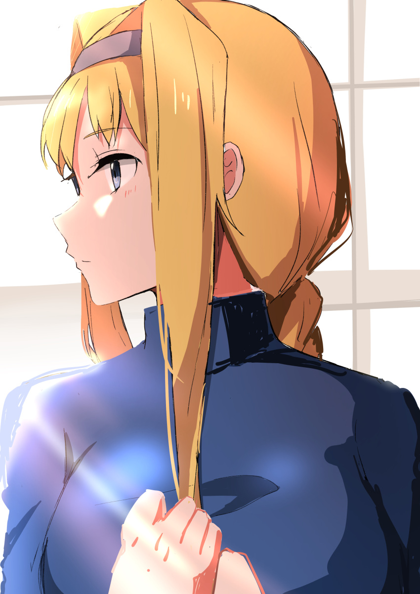 1girl, absurdres, alice_zuberg, blonde_hair, blue_eyes, blue_jacket, braid, braided_ponytail