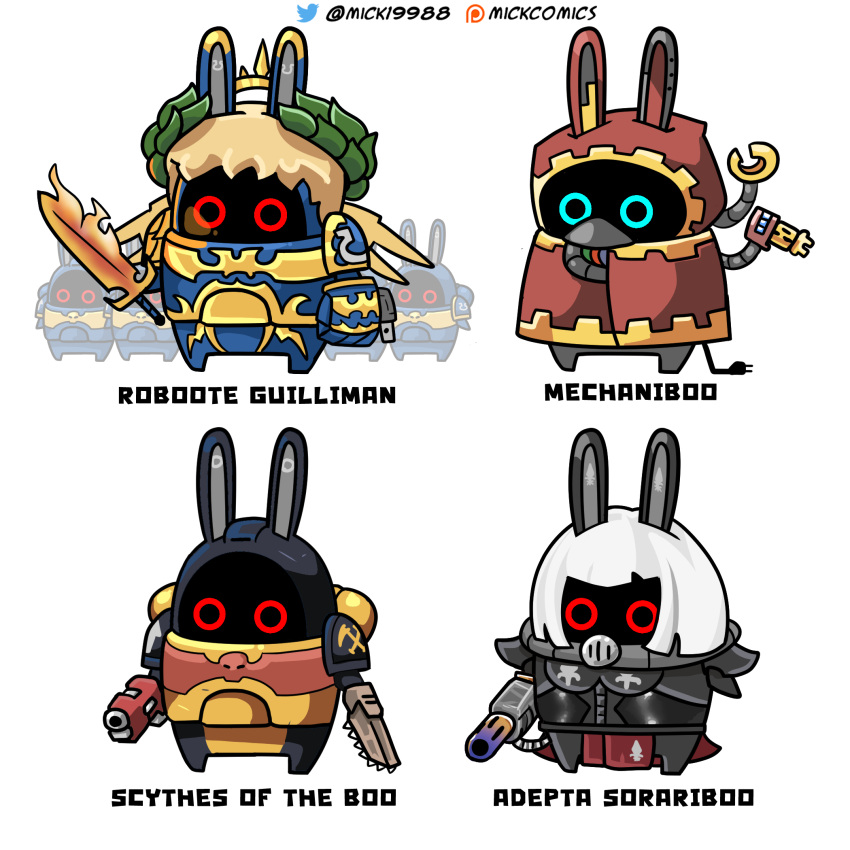 6+others, adepta_sororitas, adeptus_astartes, adeptus_mechanicus, animal_ears, armor, armor_of_fate_(warhammer), bangboo_(zenless_zone_zero), blonde_hair, bolt_pistol, chainsword, crossover, emperor's_sword, english_text, flamer, flamethrower, hand_of_dominion, highres, holding_bolter, iron_halo, laurel_crown, mick19988, multiple_others, no_humans, pauldrons, power_armor, primarch, rabbit_ears, roboute_guilliman, scythes_of_the_emperor, short_hair, shoulder_armor, techpriest, ultramarines, warhammer_40k, weapon, white_hair