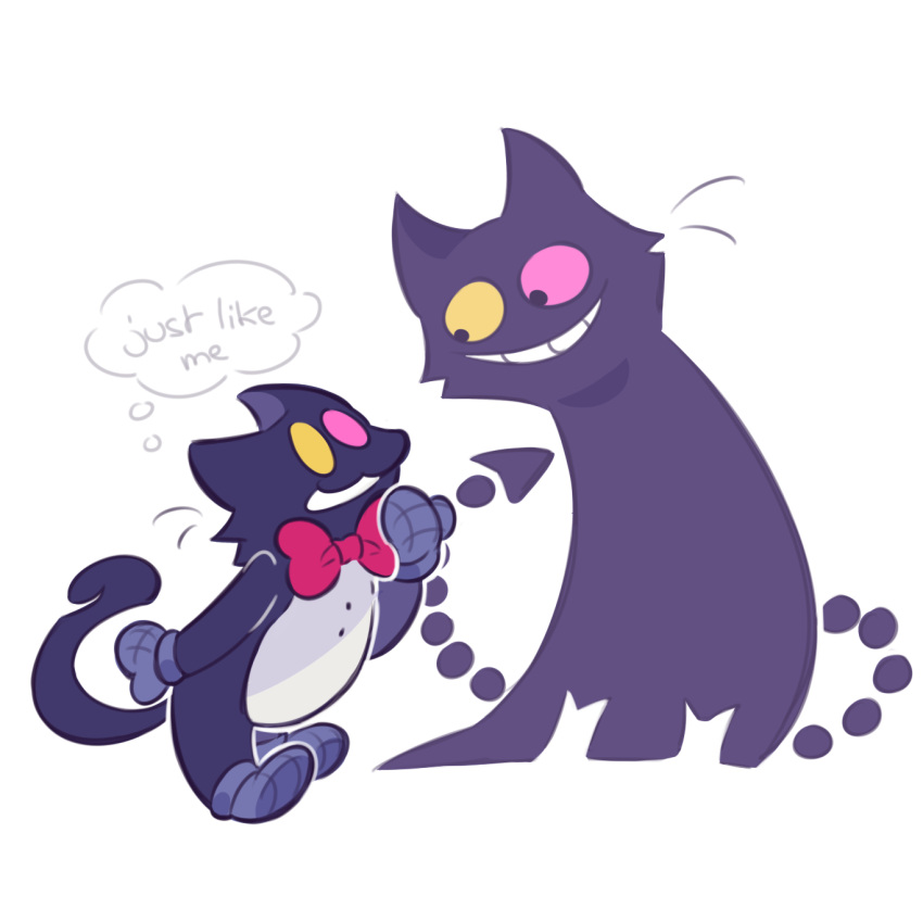 1boy, 1other, animal_costume, animal_ears, arched_back, black_eyes, black_mouth, bow, bowtie, cat, cat_costume, cat_ears, cat_mike_(deltarune), colored_sclera, commentary, creature, deltarune, dorsiflexion, english_commentary, english_text, fafameow, friend_(deltarune), grey_mittens, grid_teeth, grin, height_difference, highres, invisible_floor, looking_at_another, looking_down, mismatched_sclera, mittens, pink_bow, pink_bowtie, pink_eyes, pink_sclera, shadowguy_(deltarune), sharp_tail, simple_background, smile, solid_eyes, speech_bubble, standing, tail_mouth, thinking, thought_bubble, toes_up, utdr_(toby_fox), whiskers, white_background, yellow_eyes, yellow_sclera