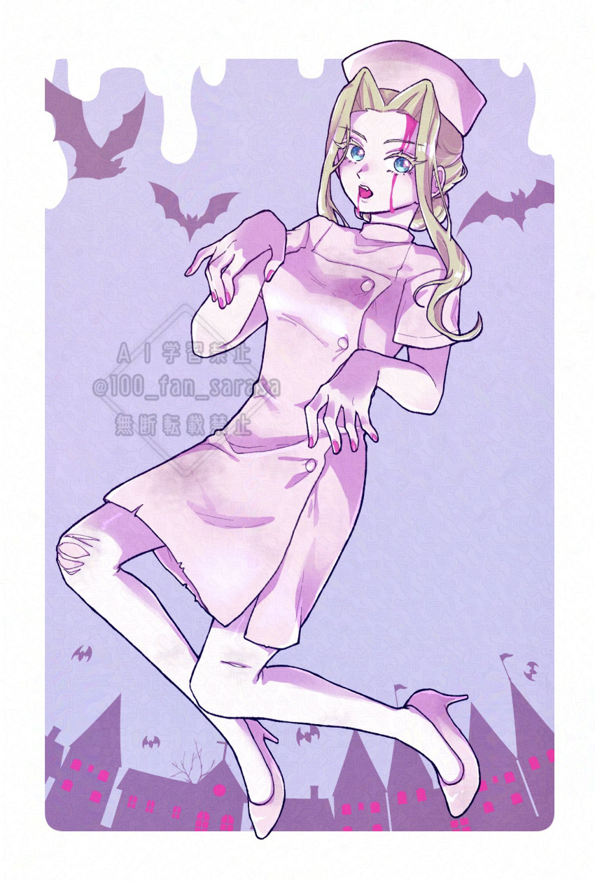 1girl, artist_name, bare_arms, bat_(animal), blood, blood_from_mouth, blood_on_face, blue_eyes