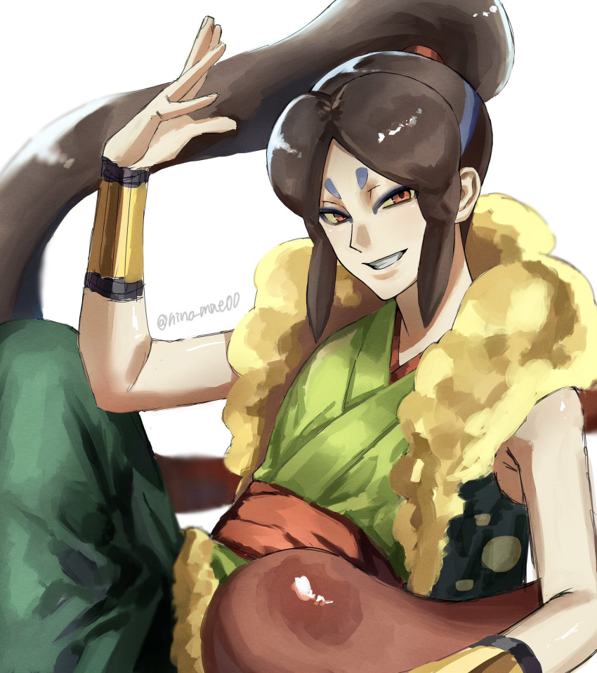1boy, artist_name, brown_eyes, brown_hair, colored_sclera, highres, japanese_clothes, long_hair