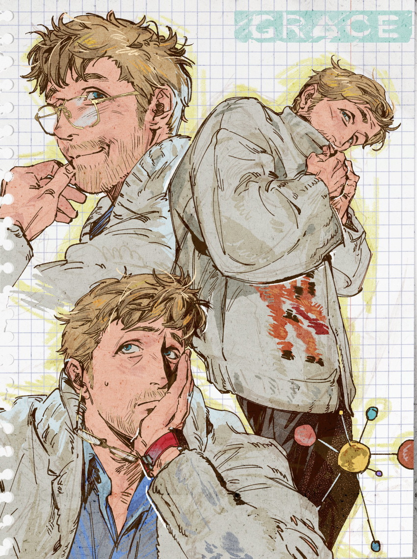 1boy, absurdres, aquan_error, beard_stubble, black_pants, blonde_hair, blue_shirt, casual