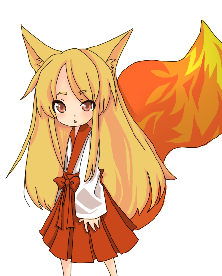 1girl, animal_ears, blonde_hair, bow, brown_eyes, fiery_tail, fire, firefox-tan