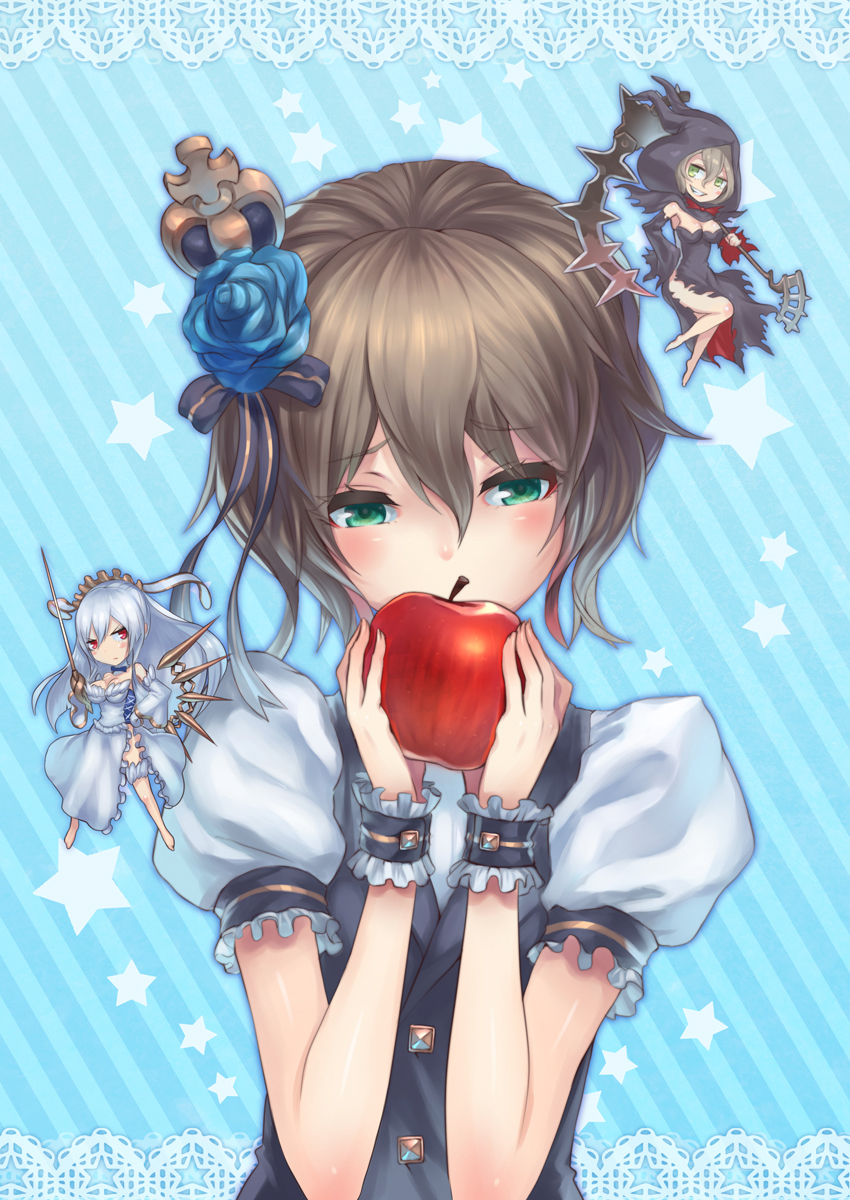 apple, black_hair, blush, brown_hair, chibi, covering, covering_face, covering_mouth, flower, food, fruit, green_eyes, grin, hair_flower, hair_ornament, hand_on_hip, highres, hips, hood, original, red_eyes, scythe, short_hair, shoulder_angel, shoulder_devil, smile, star, striped, striped_background, sword, weapon, white_hair, wrist_cuffs
