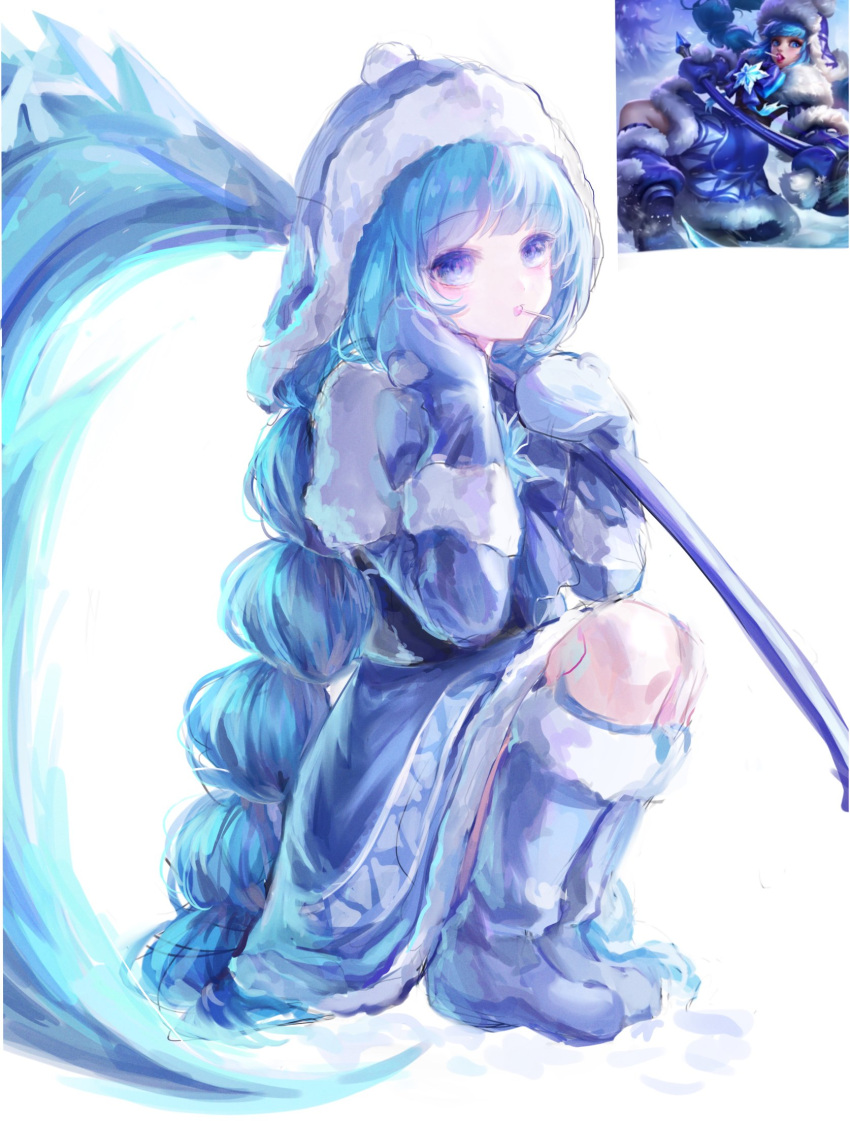 1girl, blue_boots, blue_eyes, blue_hair, blue_hat, boots, candy, character_request
