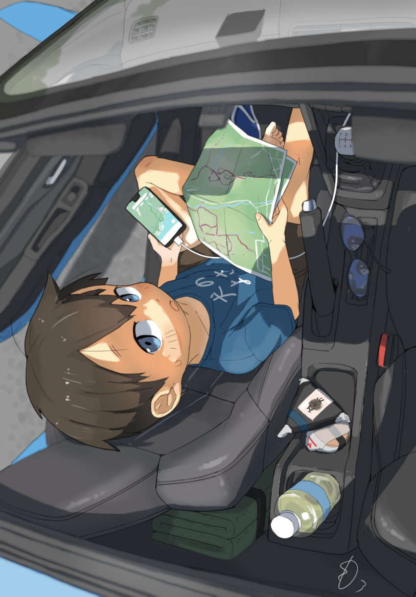 2boys, absurdres, barefoot, blue_eyes, blue_shirt, bottle, brown_shorts, car