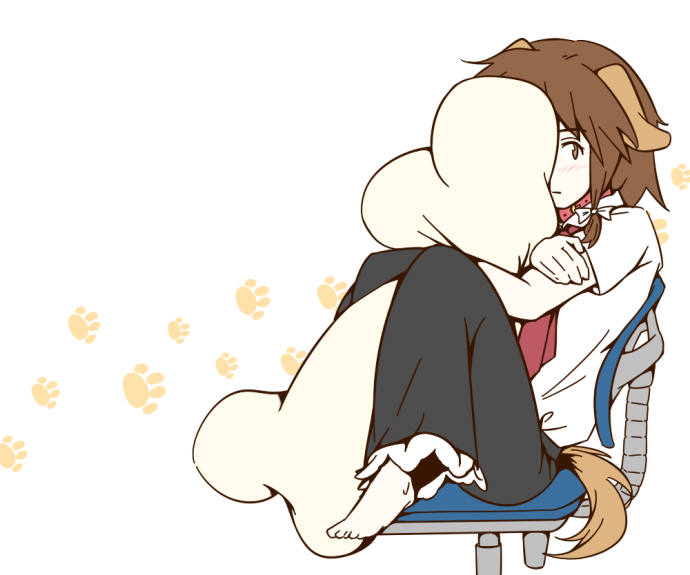 animal_ears, barefoot, black_skirt, blush, bone-shaped_pillow, bow, brown_eyes, brown_hair