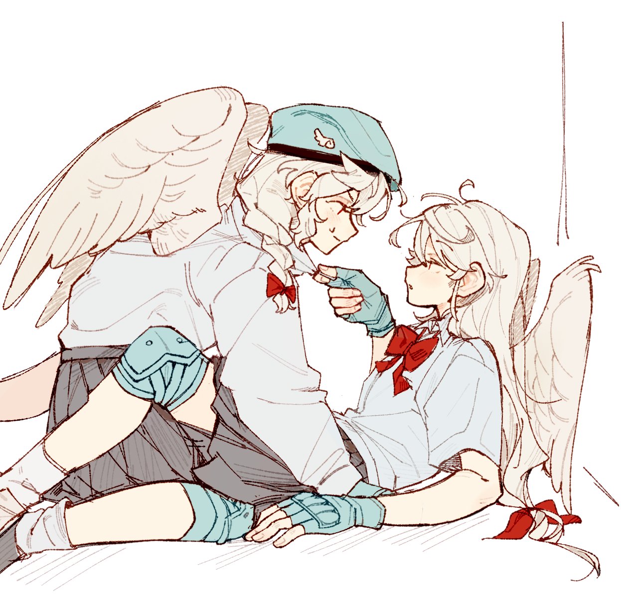 2girls, angel_wings, beret, between_legs, blue_gloves, bow, bowtie, braid