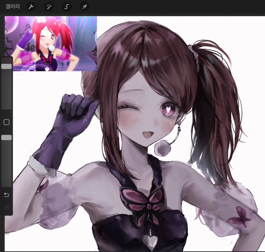1girl, :d, ;d, arm_tattoo, bare_shoulders, blush, butterfly-shaped_pupils, butterfly_facial_mark