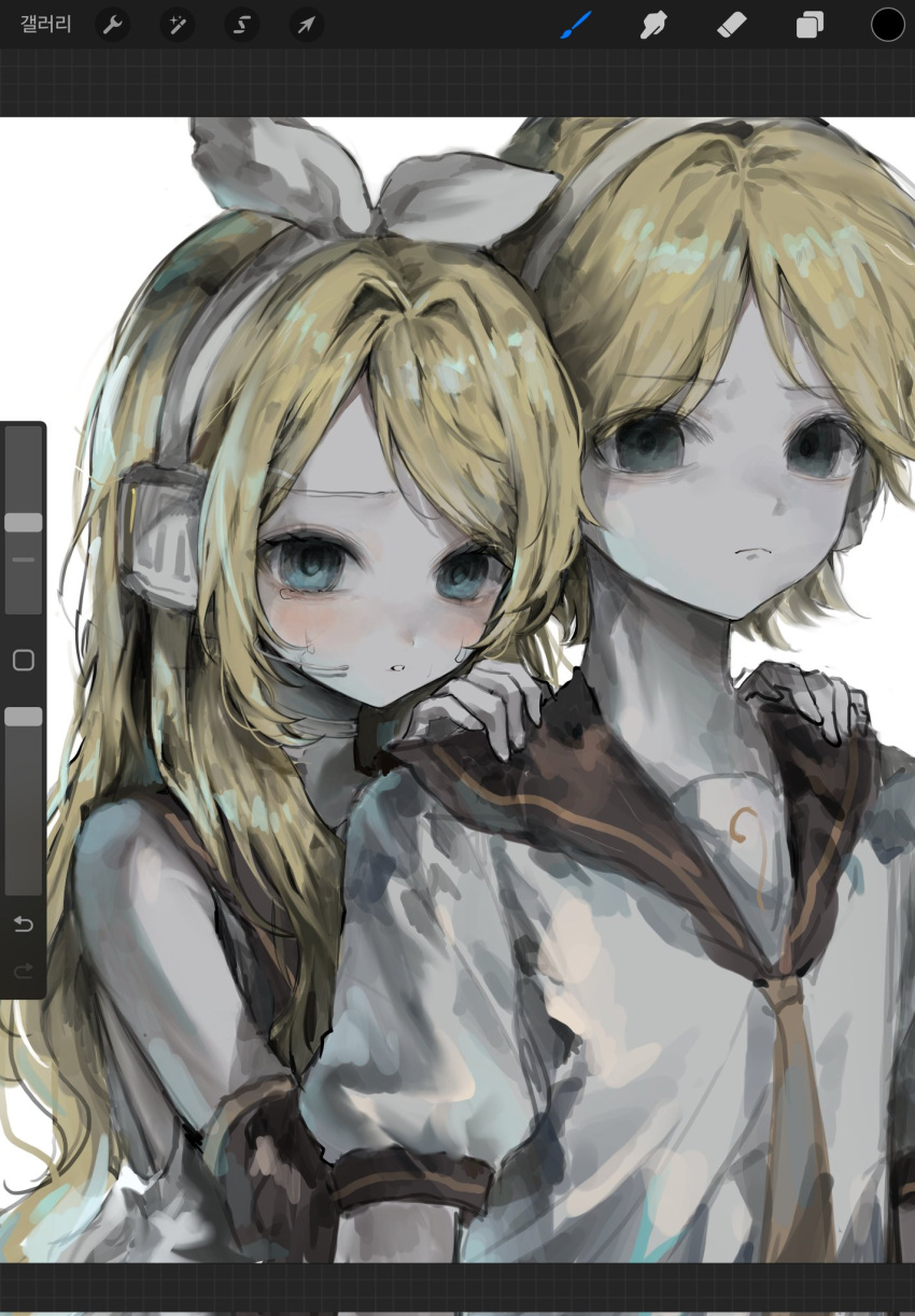 1boy, 1girl, aqua_eyes, bare_shoulders, black_sailor_collar, black_sleeves, blonde_hair, bow