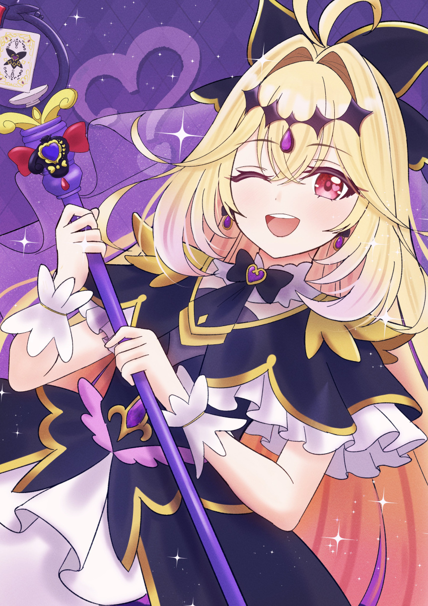 1girl, absurdres, antenna_hair, black_bow, black_capelet, black_dress, blonde_hair, bow