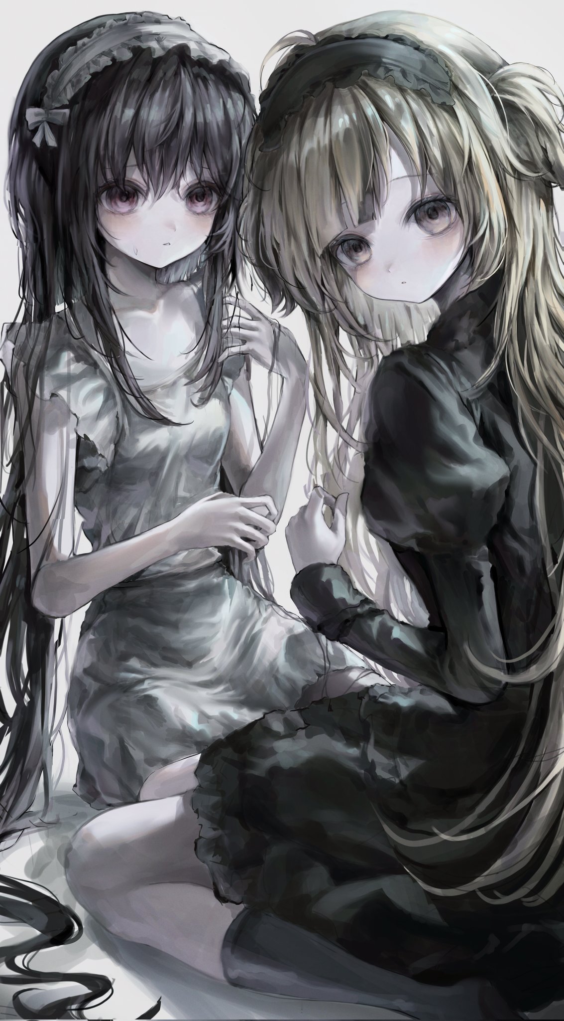 2girls, :o, black_dress, black_hair, black_headdress, black_socks, blonde_hair, blunt_bangs