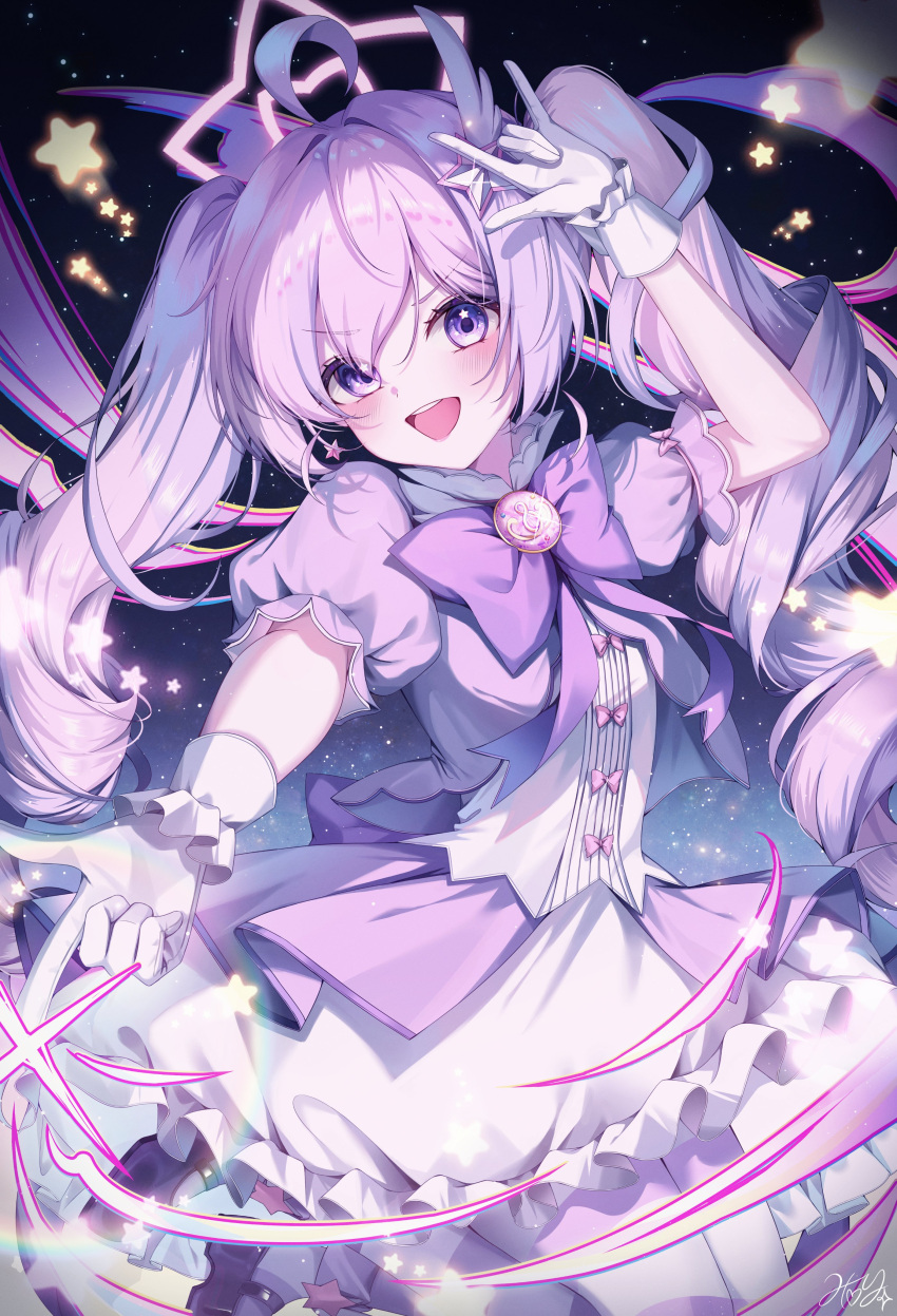 1girl, :d, absurdres, ahoge, blue_archive, bow, bowtie, breasts