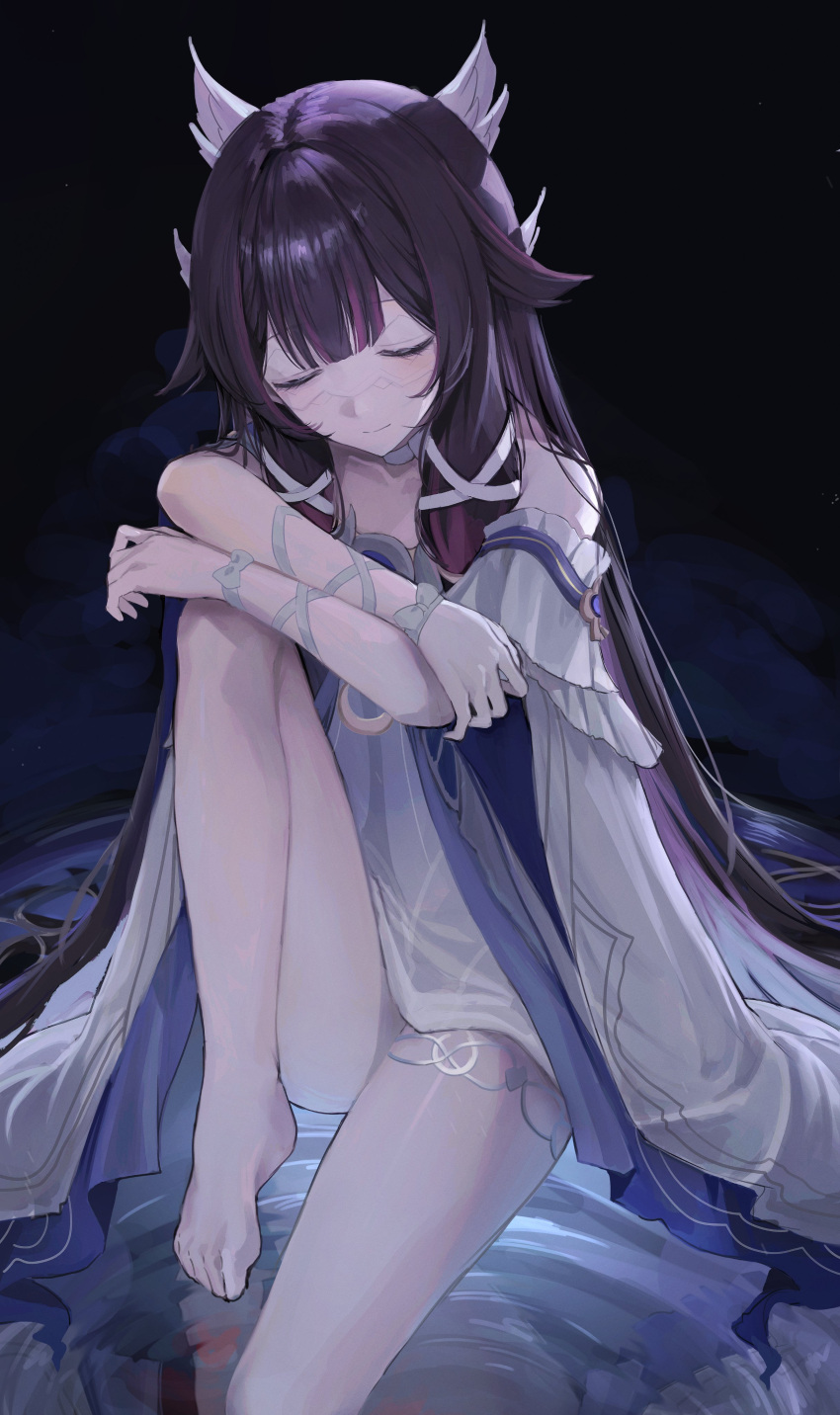 1girl, absurdres, arm_ribbon, bare_shoulders, barefoot, black_hair, blunt_bangs, center-flap_bangs