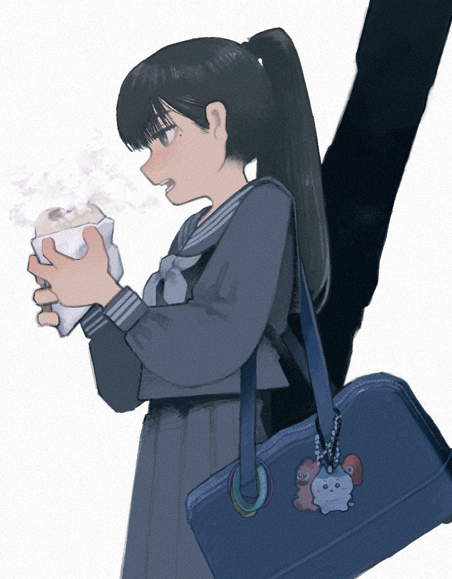 0ekaki_internet, 1girl, bag, bag_charm, black_eyes, black_hair, charm_(object), commentary_request