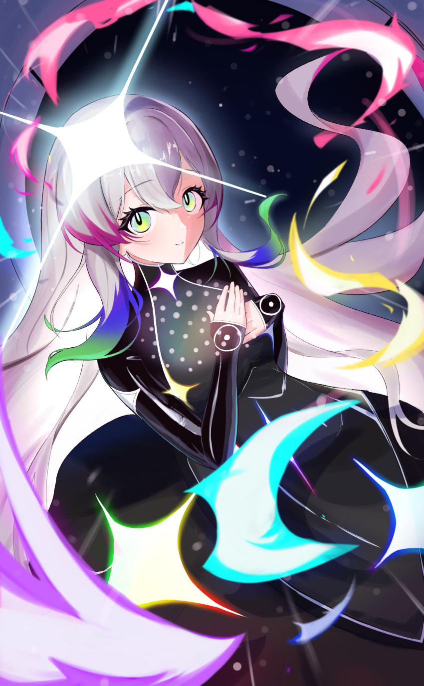 1girl, anzu_cha, black_dress, chunithm, commentary_request, dress, duel_monster, glowing, gradient_hair, green_eyes, grey_hair, hair_between_eyes, hands_on_own_chest, hands_up, highres, ixia_(chunithm), long_hair, long_sleeves, looking_at_viewer, multicolored_hair, own_hands_together, purple_hair, smile, solo, very_long_hair