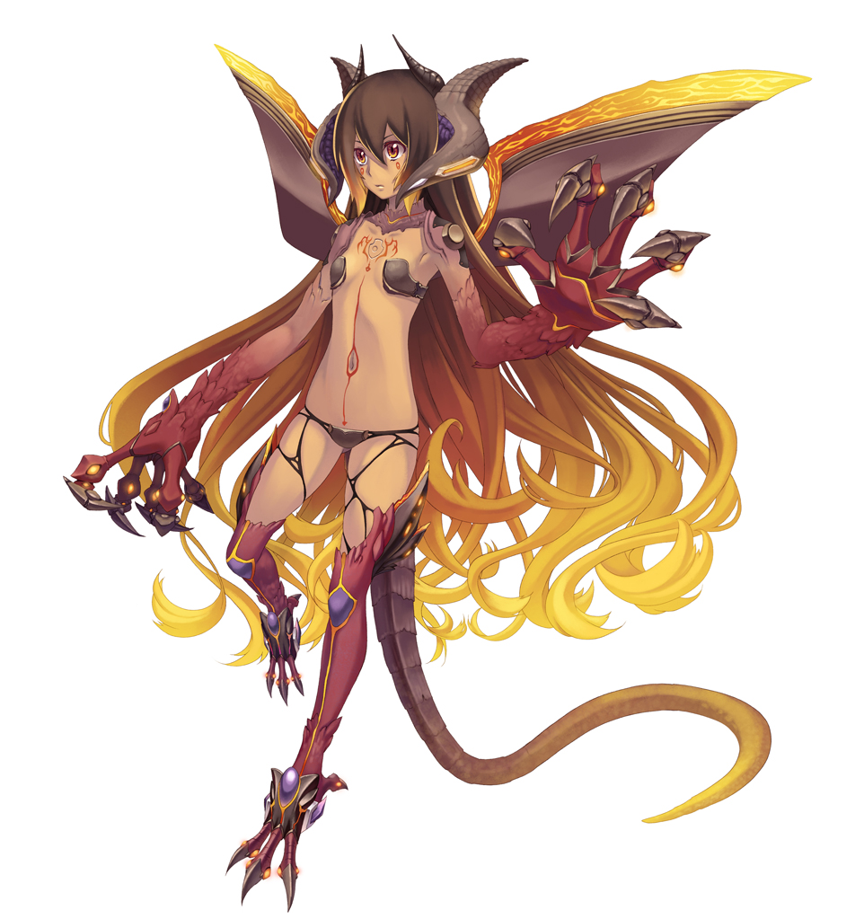 armor, breasts, brown_hair, claws, dragon, dragon_girl, dragon_tail, dragon_wings