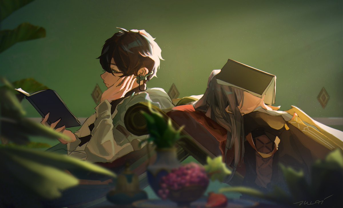 1boy, 1girl, black_hair, black_jacket, book, book_on_face, coat, commentary, dan_heng_(honkai:_star_rail), ear_ornament, elbow_rest, english_commentary, food, fruit, grey_hair, hair_between_eyes, holding, holding_book, honkai:_star_rail, honkai_(series), jacket, long_hair, lying, oh_my_julai, on_back, open_book, open_clothes, open_jacket, plant, potted_plant, reading, short_hair, sleeping, stelle_(honkai:_star_rail), trailblazer_(honkai:_star_rail), turtleneck, white_coat