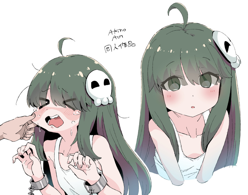 >_<, 1girl, ahoge, akino_yoo, bare_shoulders, cheek_pinching, collarbone, commentary_request